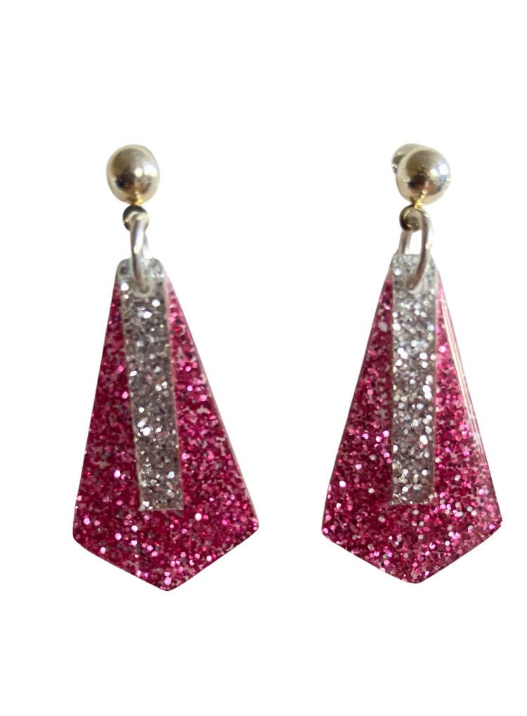 Art Deco style Earrings in Rich Pink Glitter
