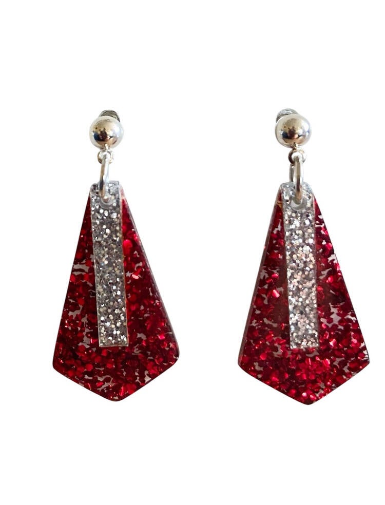 Art Deco style Earrings in Red Glitter