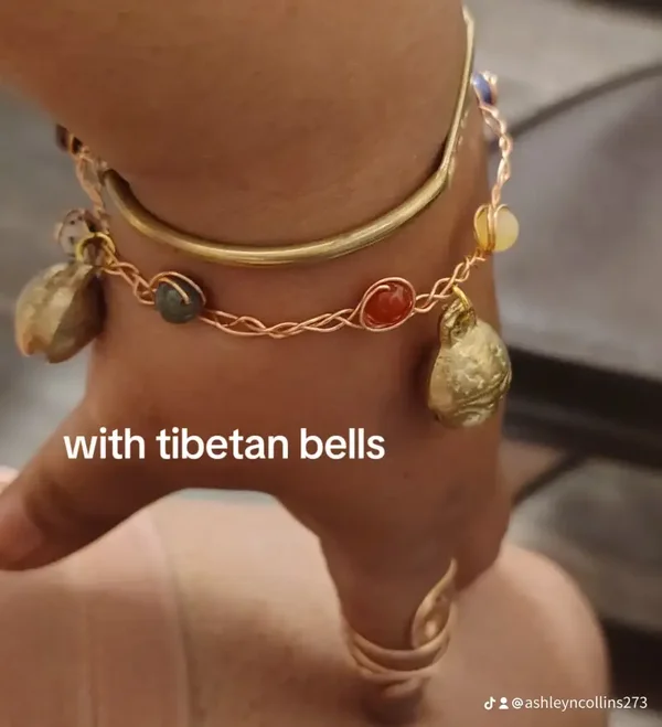 Copper bracelet with crystals and Tibetan bells