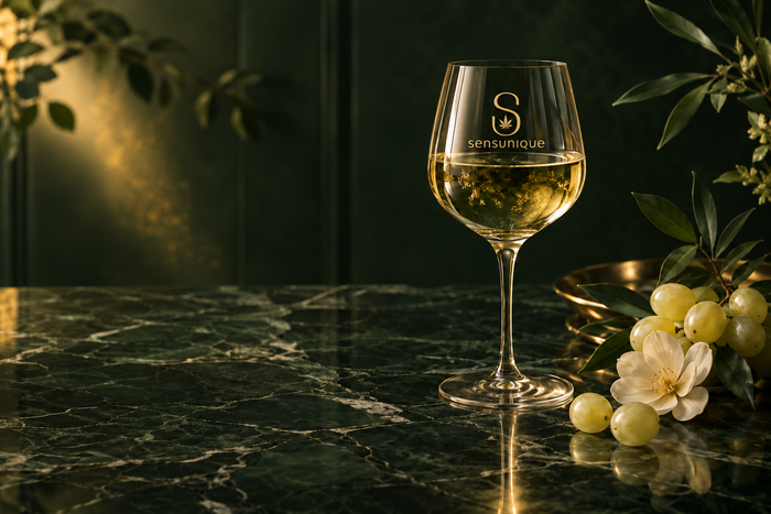 Refined Cannablanca wine experience in deep green and gold