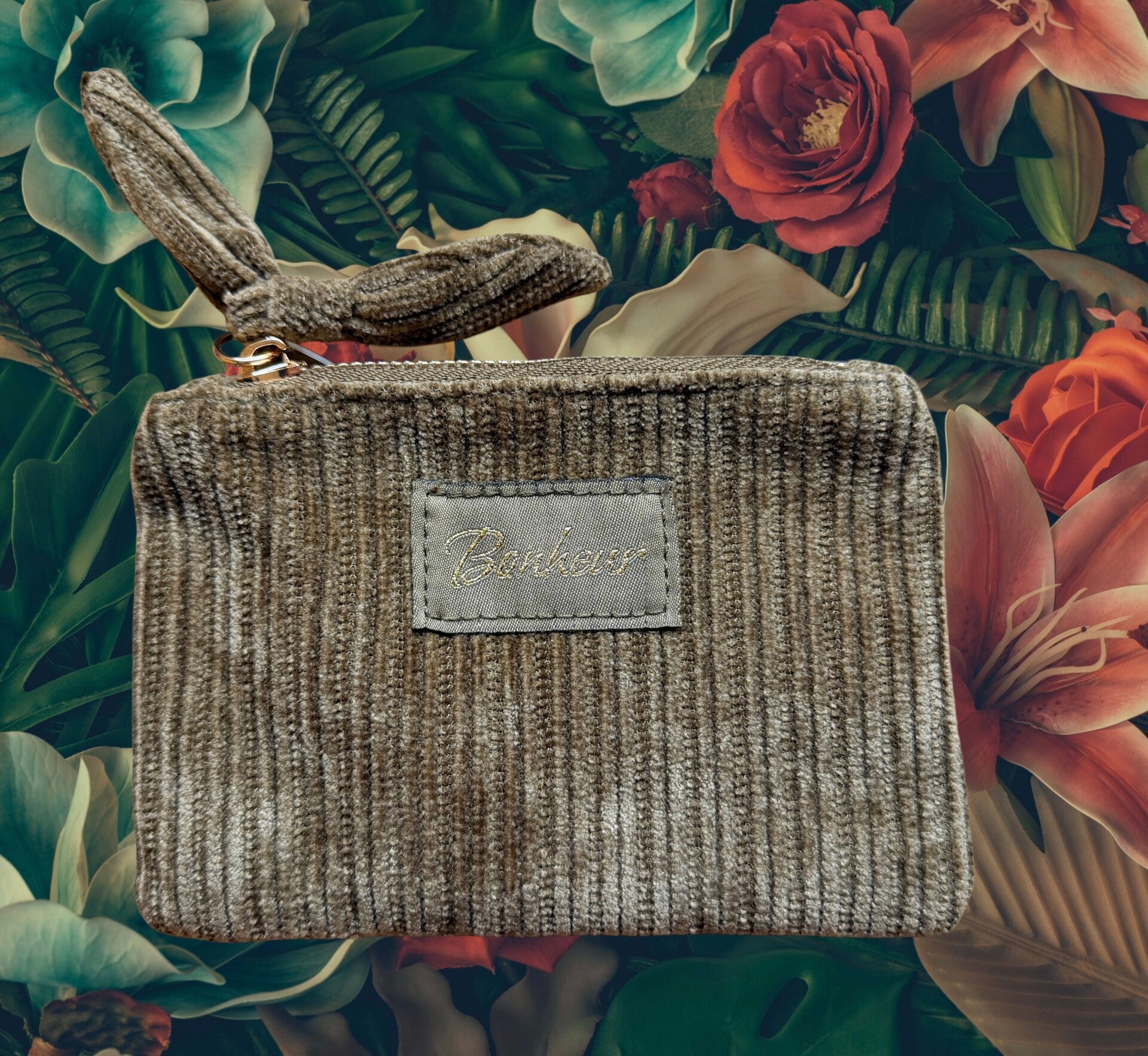 Porte monnaie "Bonheur" en velours kaki