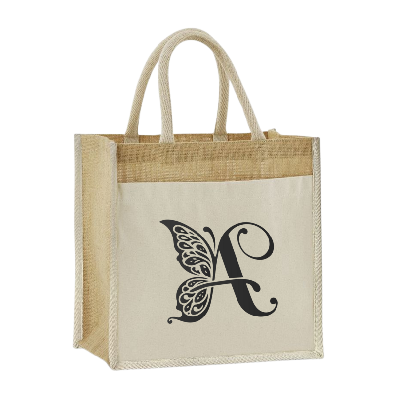 Geantă de Iută Personalizată – Monogramă cu Fluture 🦋