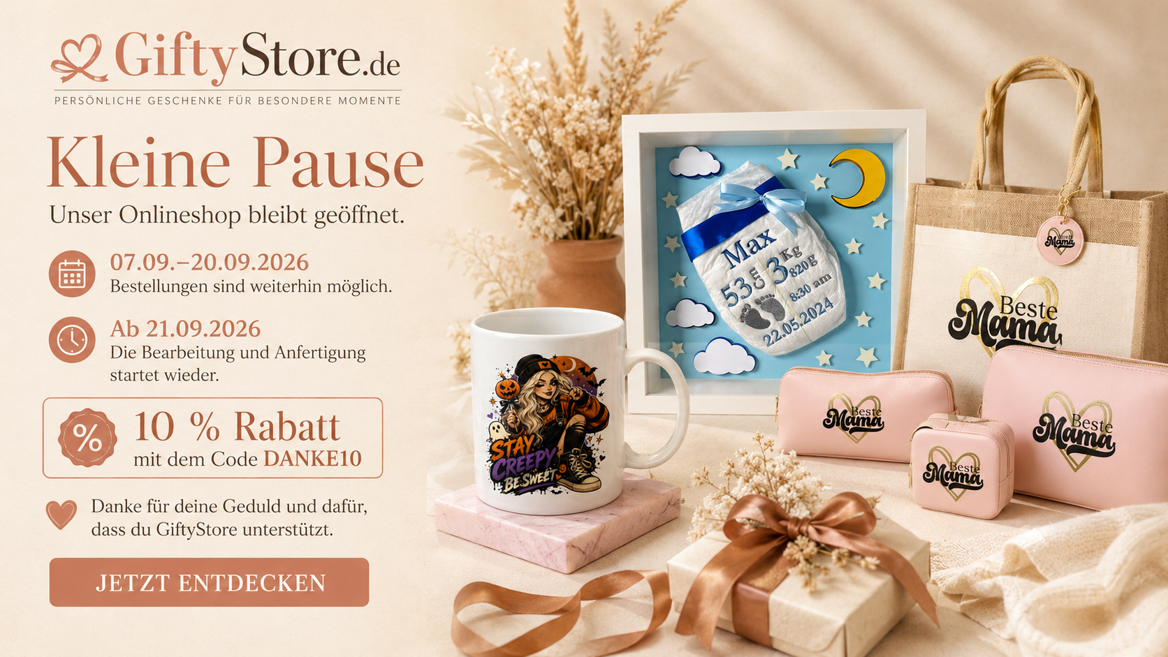 Pauză scurtă — magazinul rămâne deschis. 07.09.–20.09.2026. 10% reducere cu codul DANKE10