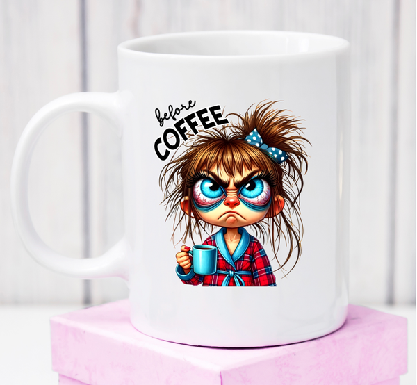 Premium-Tasse „Before Coffee / Fully Caffeinated“ – beidseitiges Vorher-Nachher-Motiv für Kaffeefans