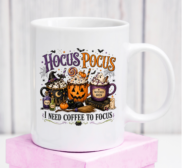Cană premium „Hocus Pocus, I Need Coffee to Focus” – cadou Halloween pentru iubitorii de cafea