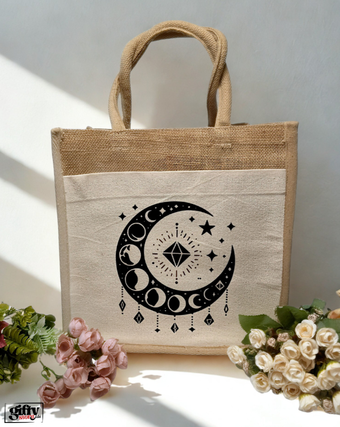 Geantă de Iută Personalizată – Design(Boho) Lună și Stele 🌙