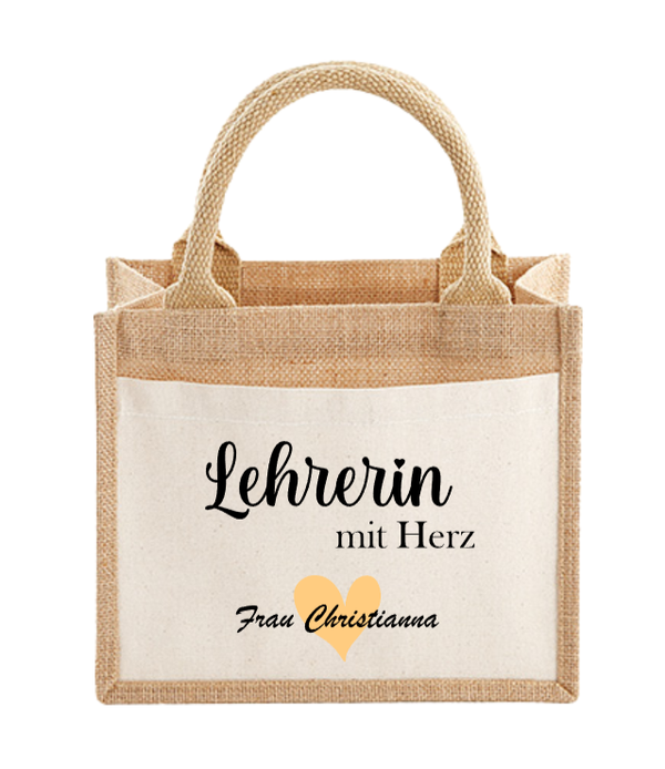 Personalisierte Jutetasche mit Vorderfach -  Lehrerin mit Herz