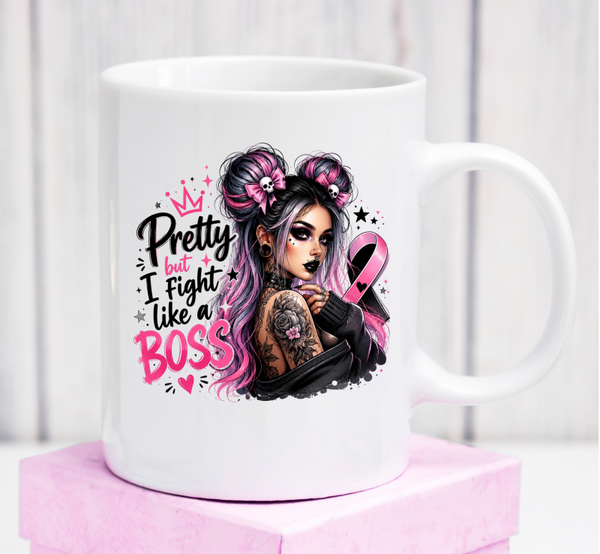 Premium-Tasse „Pretty, But I Fight Like a Boss“ – starkes Geschenk mit rosa Schleife