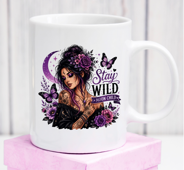 Cană premium „Stay Wild, Moon Child” – cadou boho pentru spirite libere și iubitoare de lună
