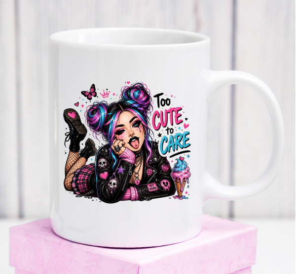 Cană premium „Too Cute to Care” – cadou pentru fete cu stil alternativ și atitudine