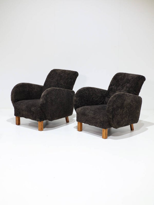 2 Fauteuils schapenwol Deens 1940s vintage art deco