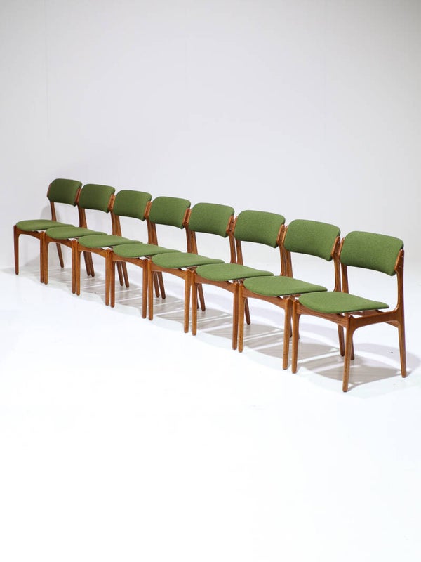 8x Erik Buch 49 eetkamerstoelen teak groen Deens vintage