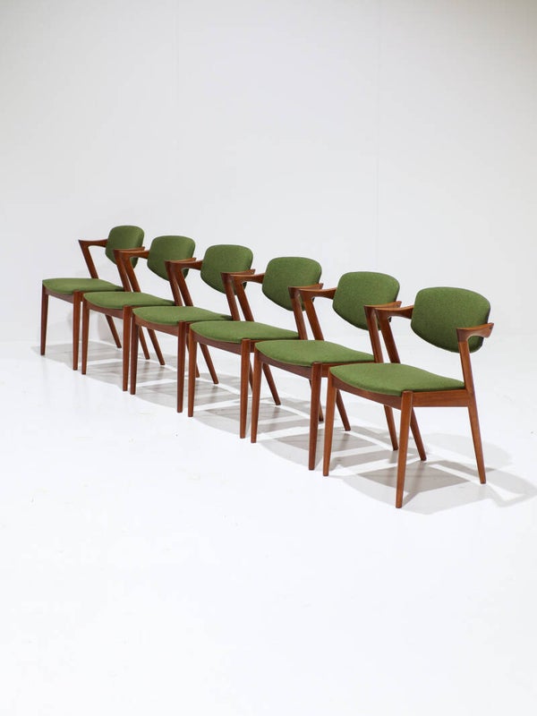 6x Kai Kristiansen model 42 eetkamerstoelen teak groen 1960s