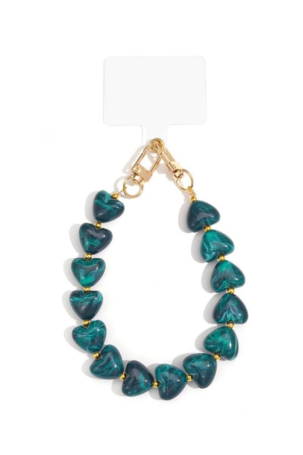 Telefoonsnoer hartvormige kralen gemarleerd groen