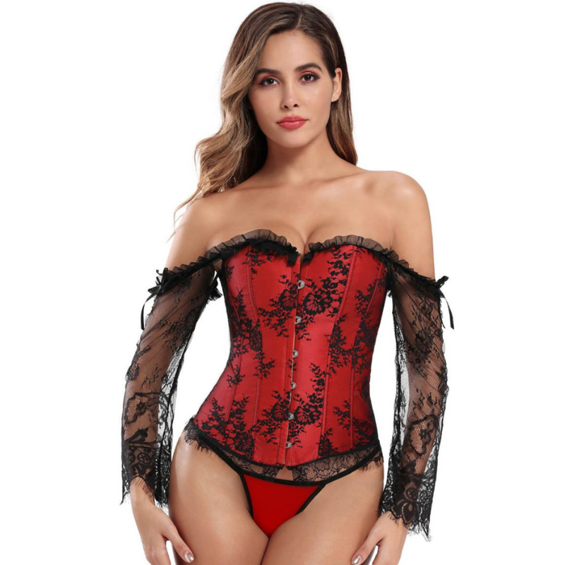 Burlesque korset met zwarte kanten mouwen