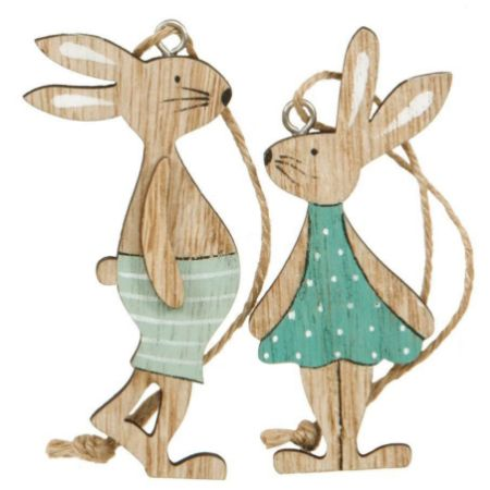 Houten paashaas aan koord, mint, 2 stuks