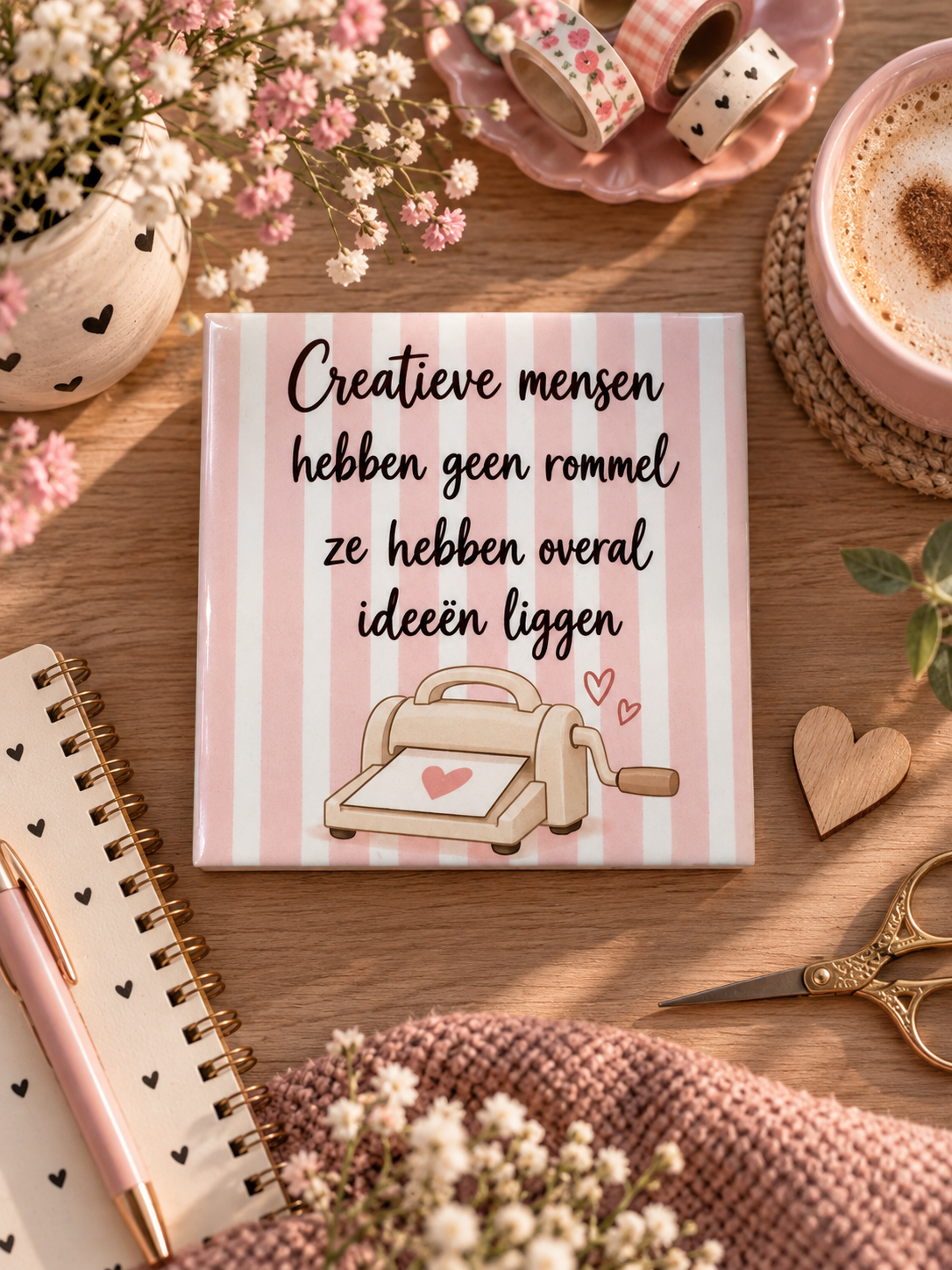 Tegeltje - Creatieve mensen hebben geen rommel, roze/wit
