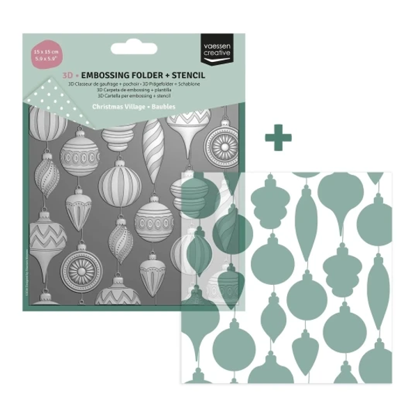 Vaessen Creative, 3D Embossing Folder + Stencil, Kerstballen - 3625-0607