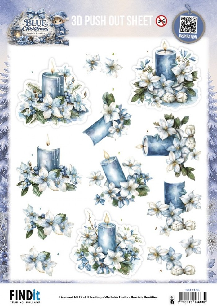 Berrie's Beauties, 3D Push-Out, Blue Christmas, Blue Candles and White Poinsettia - SB11155