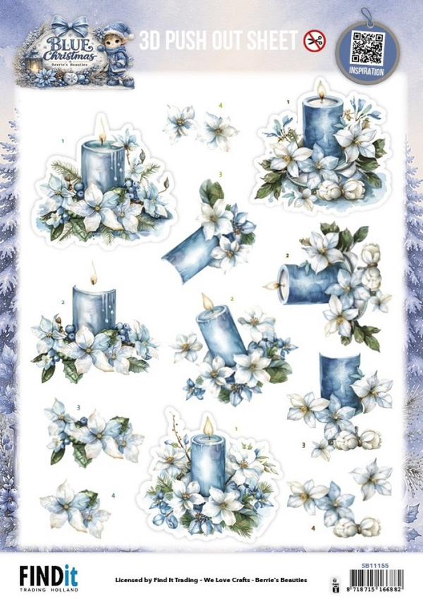 Berrie's Beauties, 3D Push-Out, Blue Christmas, Blue Candles and White Poinsettia - SB11155