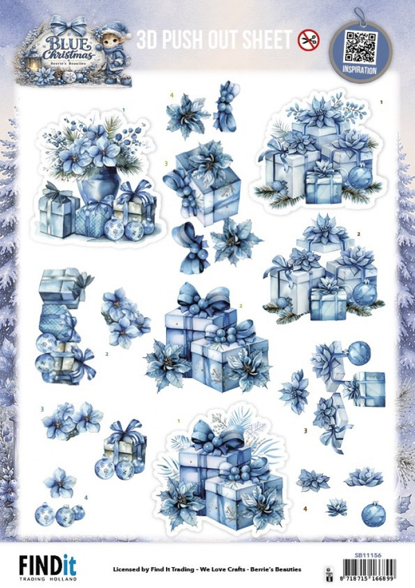 Berrie's Beauties, 3D Push-Out, Blue Christmas, Christmas Presents - SB11156