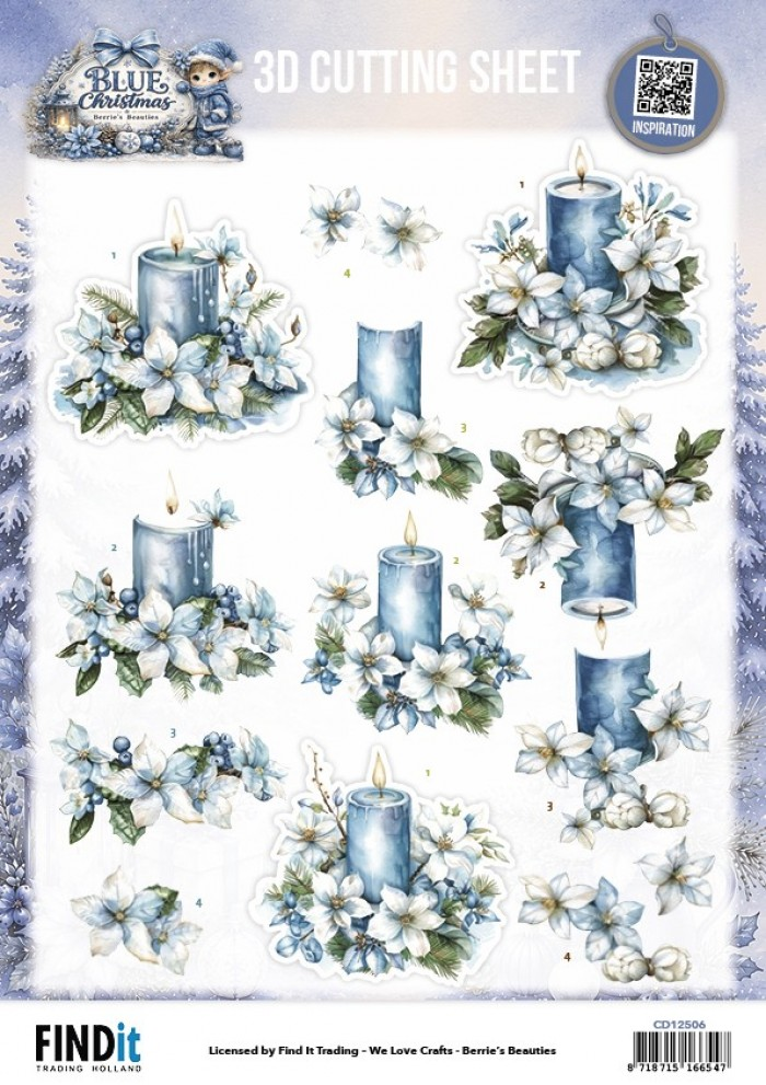 Berrie's Beauties, 3D Knipvel, Blue Christmas, Blue Candles and White Poinsettia - CD12506