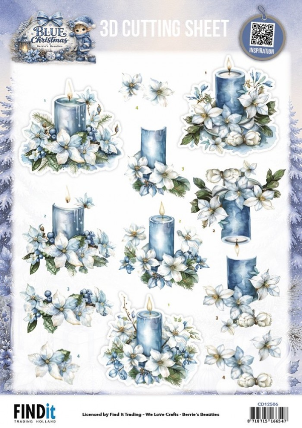 Berrie's Beauties, 3D Knipvel, Blue Christmas, Blue Candles and White Poinsettia - CD12506