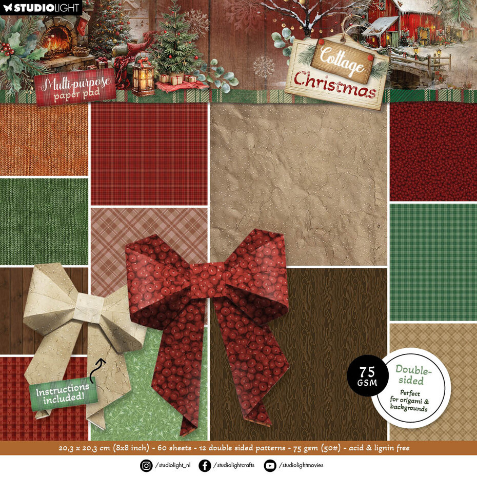 Studiolight, Multi Purpose Paperpad, Cottage Christmas, Origami & Backgrounds - SL-CC-DPP486