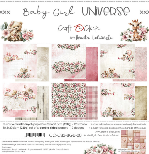 Craft O Clock, Design Paperpad, Baby Girl Universe, 30,5 x 30,5 cm - CC-C83-BGU-00