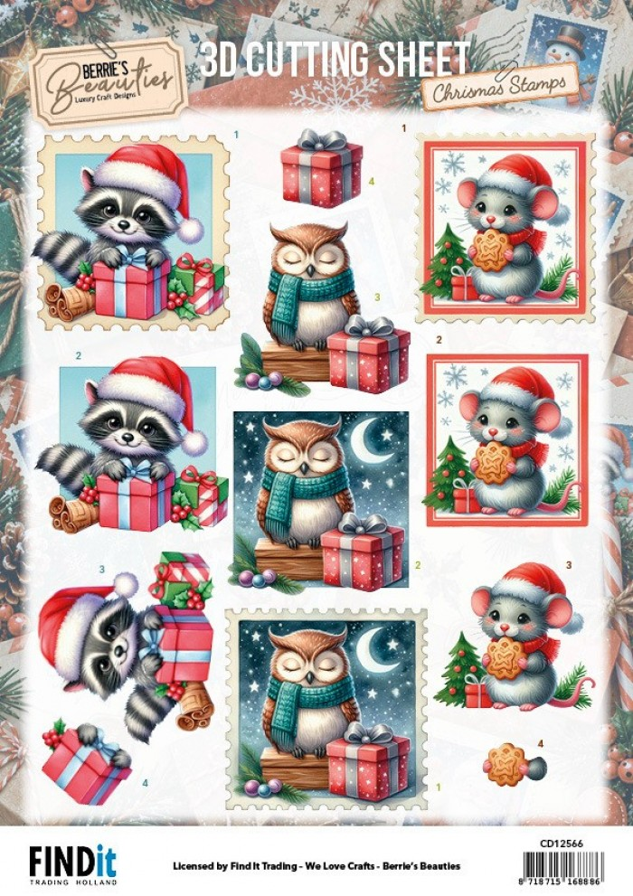 Berrie's Beauties, 3D Knipvel, Christmas Stamps, Woodland Friends - CD12566