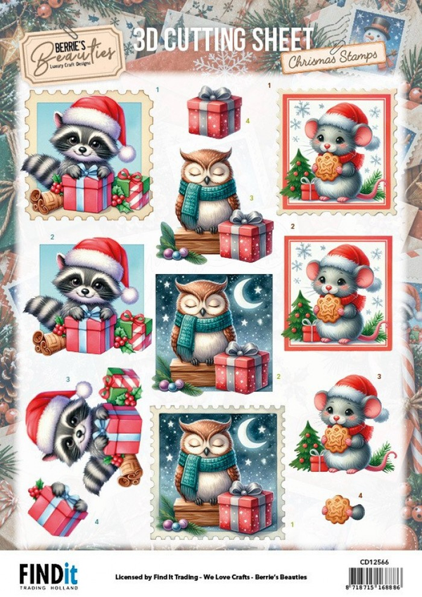 Berrie's Beauties, 3D Knipvel, Christmas Stamps, Woodland Friends - CD12566