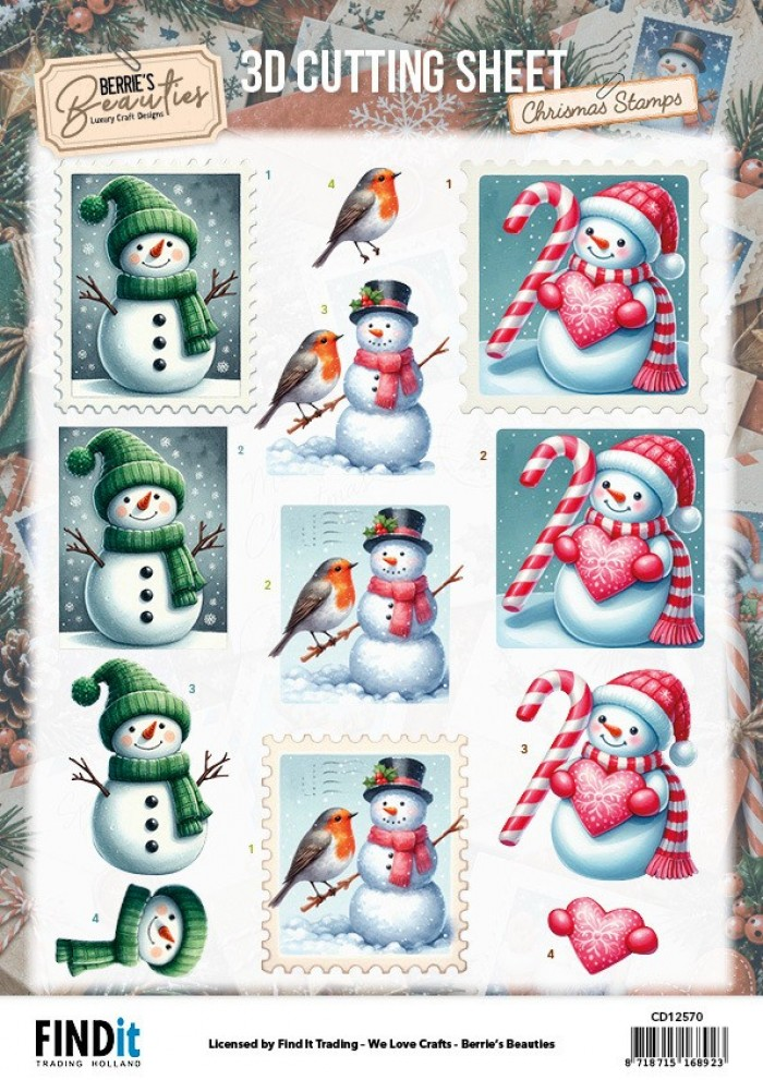 Berrie's Beauties, 3D Knipvel, Christmas Stamps, Snowmen - CD12570