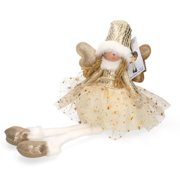 Kerstfiguur, Engel, Goud Zittend , met LED