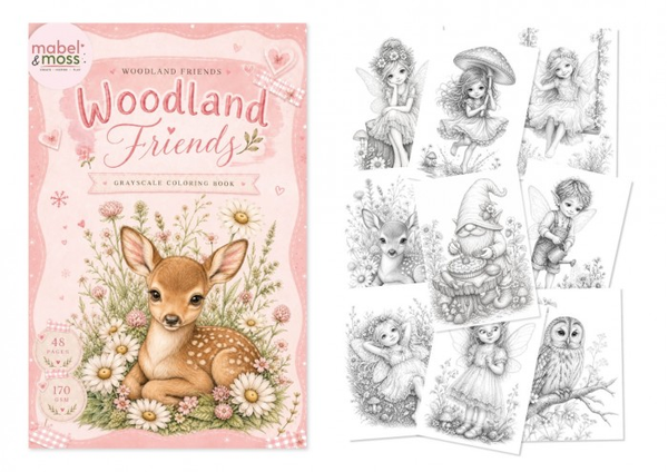 PRE-ORDER - Mabel & Moss - Grayscale Coloring Book, Woodland Friends - MMCB10001
