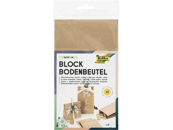 Folia, Blokbodemzak, 12 x 21 x 6 cm, Kraft, 15 stuks