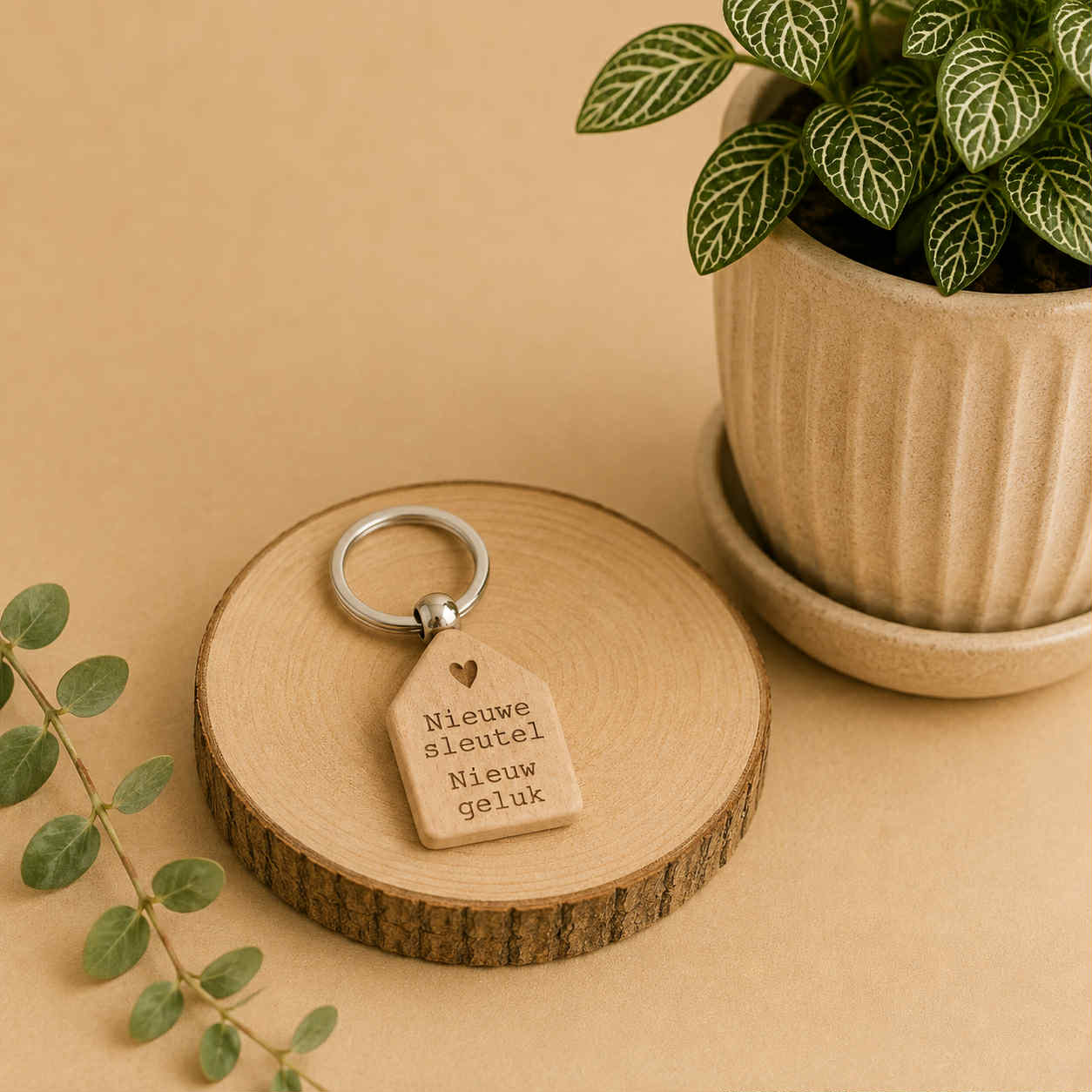 Houten Sleutelhanger, Nieuwe Sleutel , Nieuw Geluk