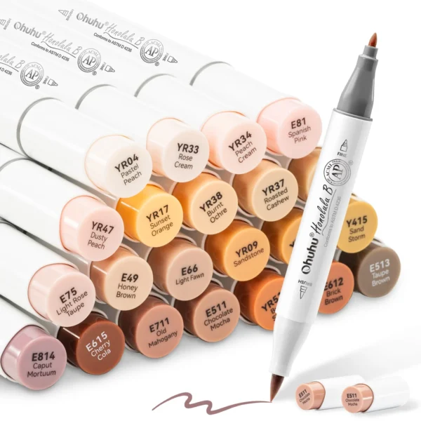 Ohuhu, Honolulu B, 24 kleuren, Alcohol Art Markers, Brush & Fine , Skin Tones