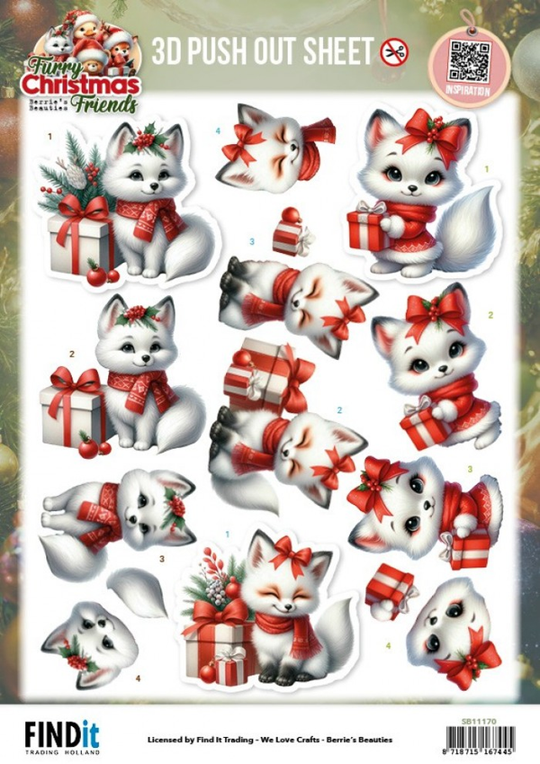 Berrie's Beauties, 3D Push Out, Furry Christmas Friends, Christmas White Fox - SB11170