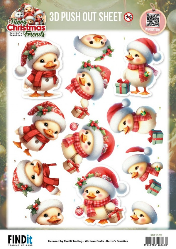 Berrie's Beauties, 3D Push Out, Furry Christmas Friends, Christmas Funny Duck - SB11169