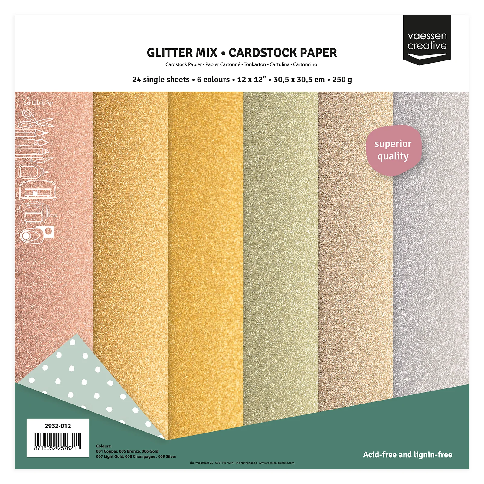 Vaessen Creative, Set, Glitter Cardstock, 30,5 x 30,5 cm - 2932-012