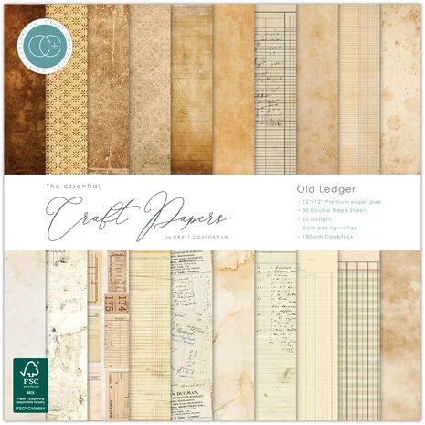 Craft Consortium, Premium Paperpad, Old Ledger, 12x12 inch - CCEPAD045