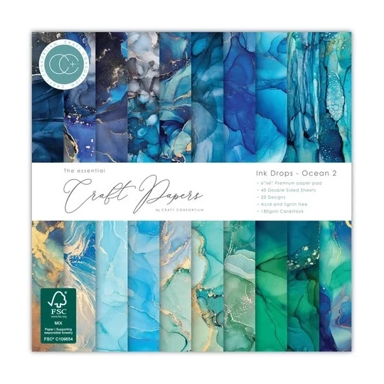 Craft Consortium, Essential Craft Papers, Ink Drops, Ocean 2, 6x6 inch - CCEPAD041B
