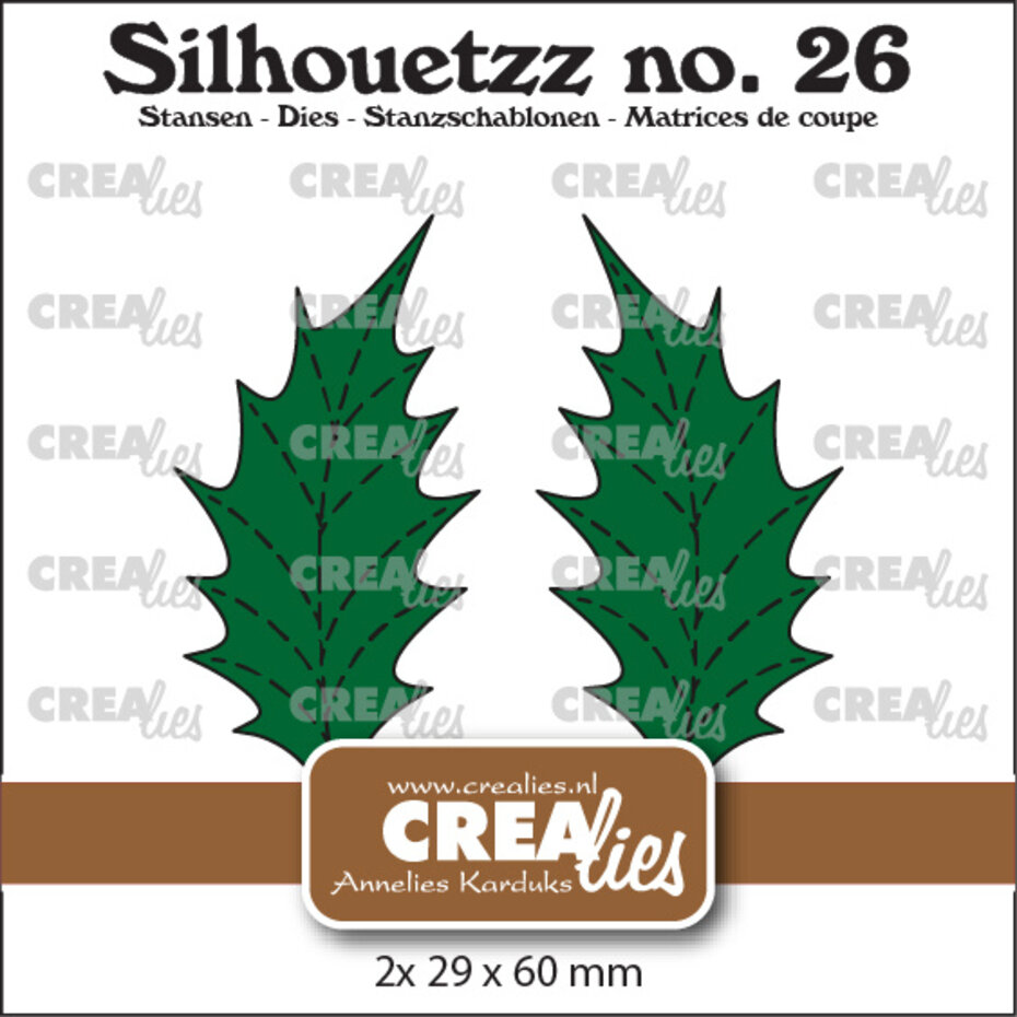 Crealies, Silhouetzz, Blaadjes 22, Open Hulstblad Groot met Stiksteek en Spiegelbeeld, Nr. 26 - CLSH26