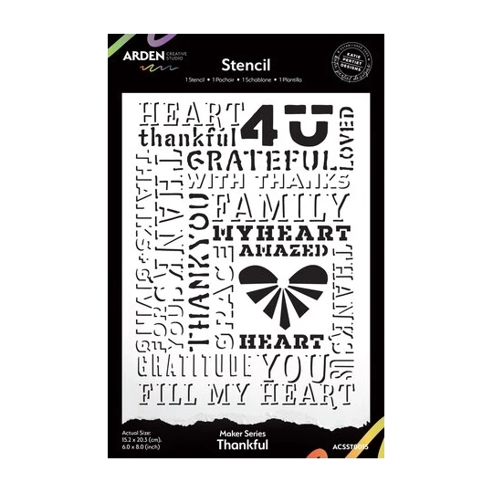 Arden Creative, Maker Series, Stencil, Thankful by Katie Pertiet, 6x8 inch - ACSST0015