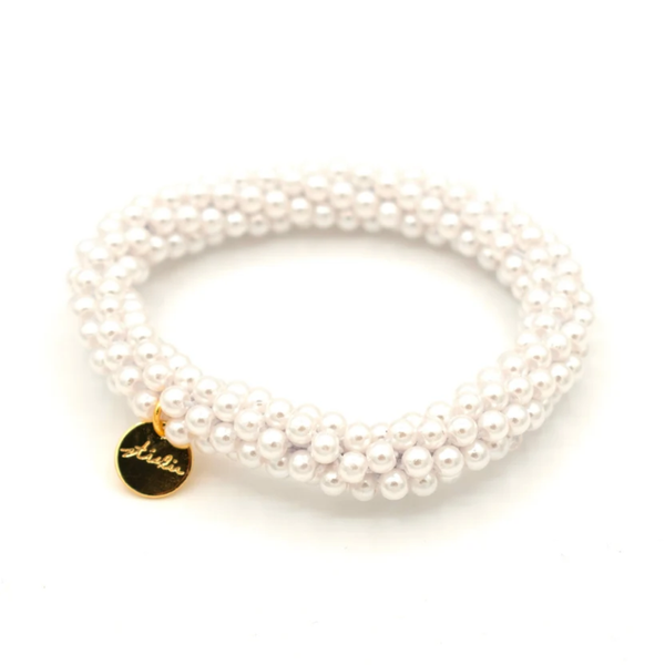 Stiekie, Kralen Haarelastiek & Armband, White Pearl, Parel