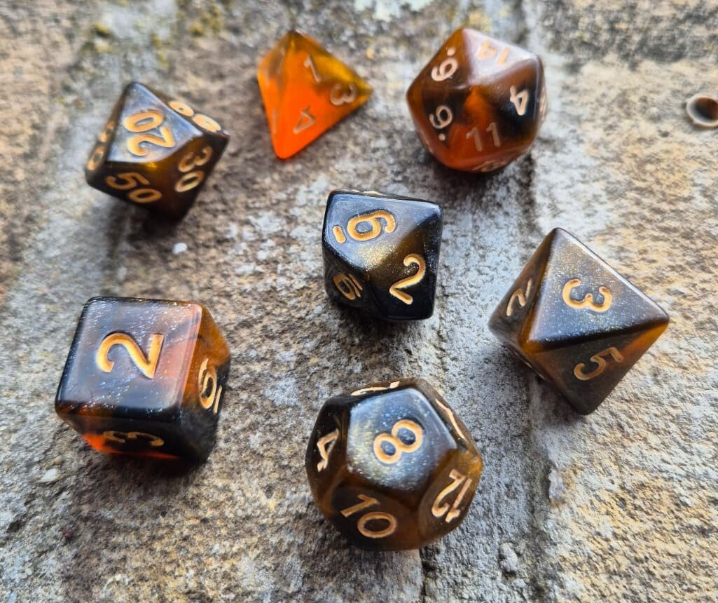 Dice set zwart oranje glitter