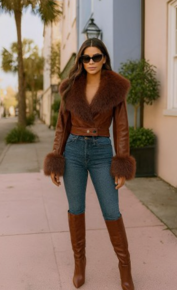 Abrigo corto con ribete opulento. Color marrón. Marca Coalition.