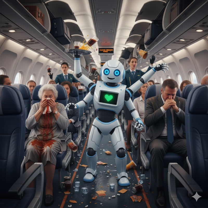 an image of a robot flight attendant causing some delightful chaos in an airplane aisle