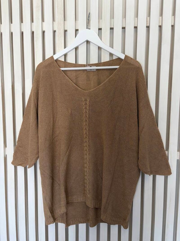 Stickad tröja trekvartsärm varm beige