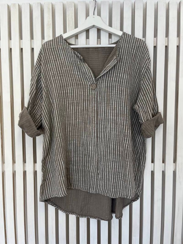 Randig bomullsblus taupe